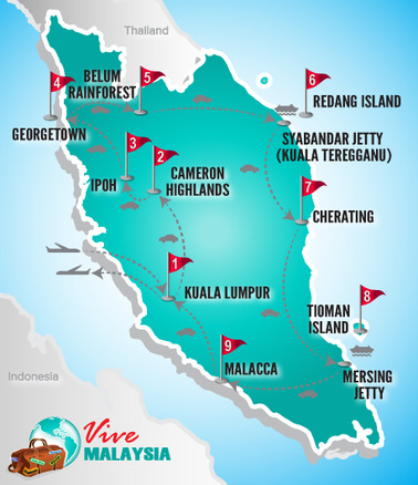 Malaysia Reisen | Landkarte Rundreise Sternstunden Malaysias